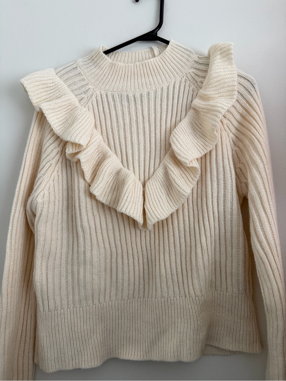 Cream Ribbed Ruffle Crewneck Sweater - Picture 2 of 10